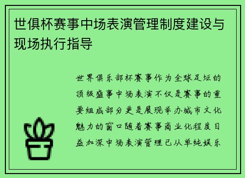 世俱杯赛事中场表演管理制度建设与现场执行指导